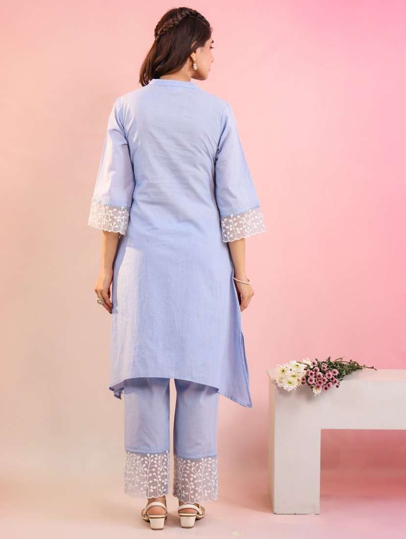 women solid three quarter sleeve kurta pant set - 22082473 - Standard Image - 2