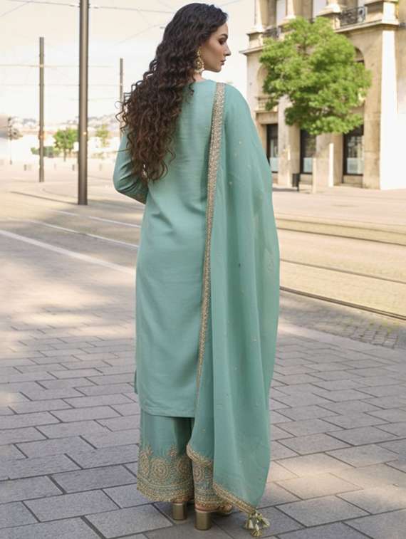 women embroidered long sleeve kurta palazzo with dupatta set - 22082496 - Standard Image - 2