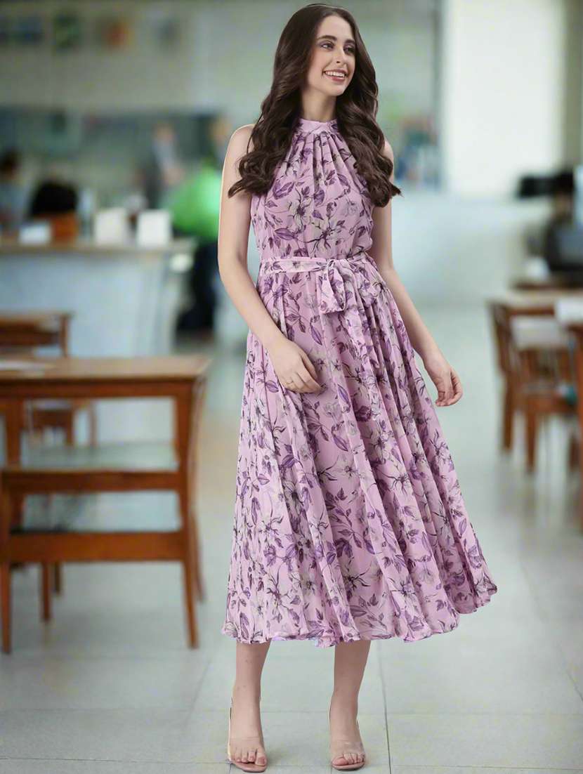 women printed halter neck sleeveless fit & flare dress