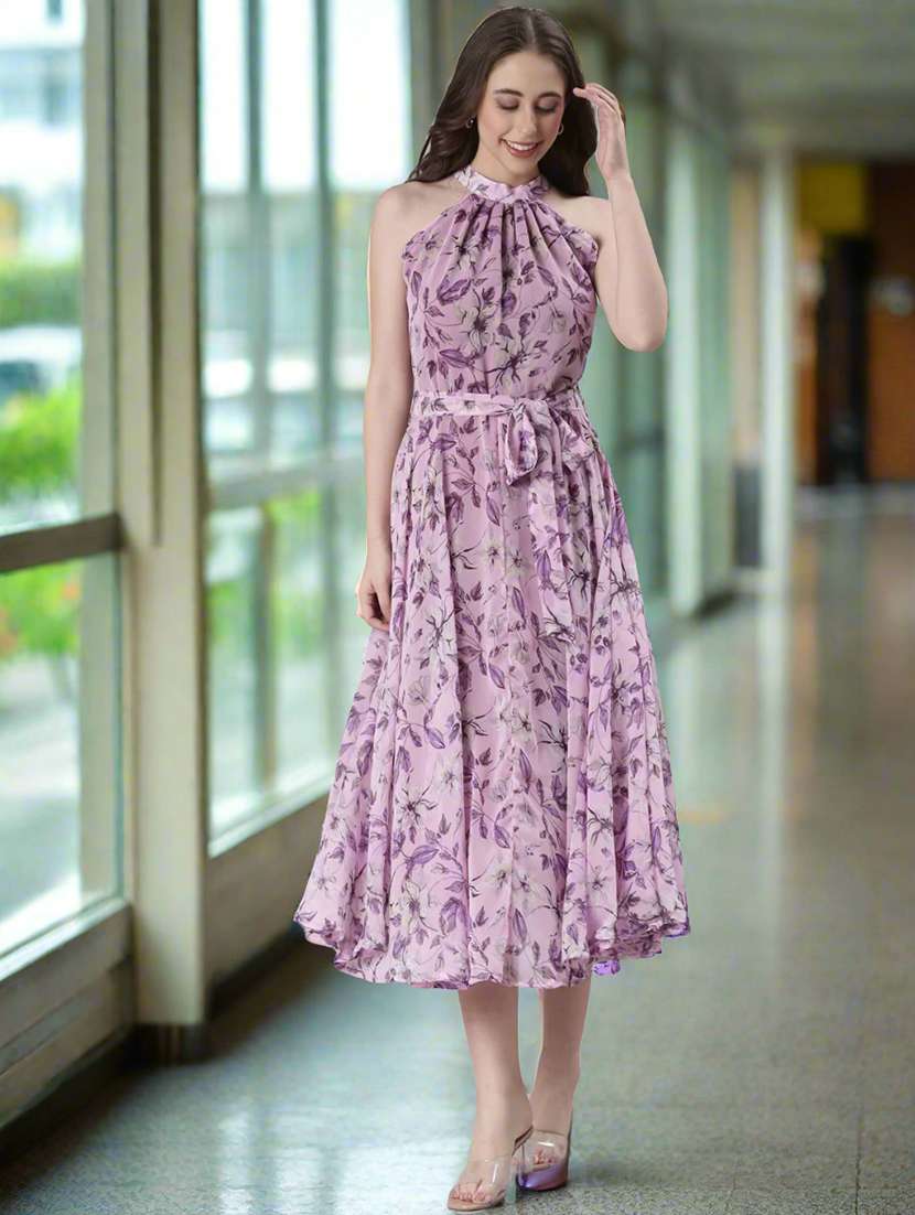women printed halter neck sleeveless fit & flare dress - 22082549 - Standard Image - 2