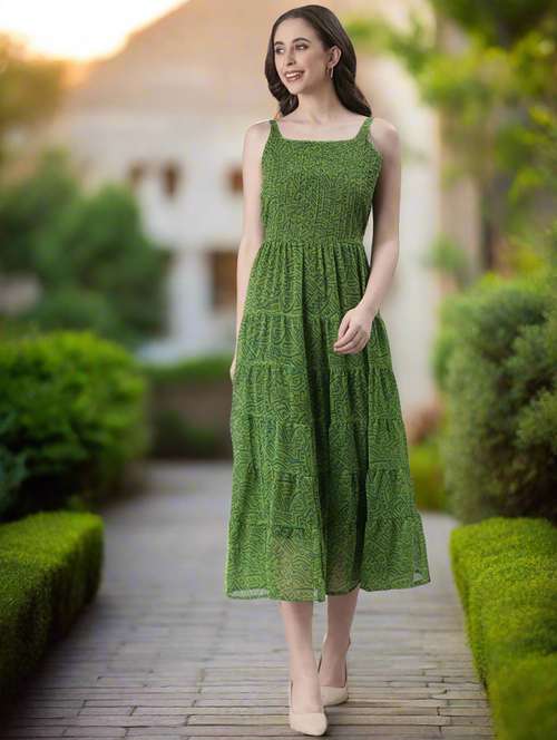 women printed shoulder strap tiered dress - 22082550 -  Standard Image - 0