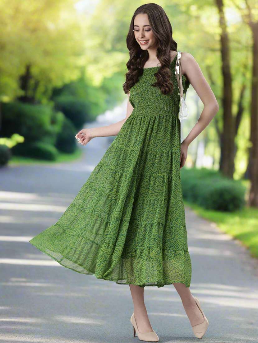 women printed shoulder strap tiered dress - 22082550 - Standard Image - 2