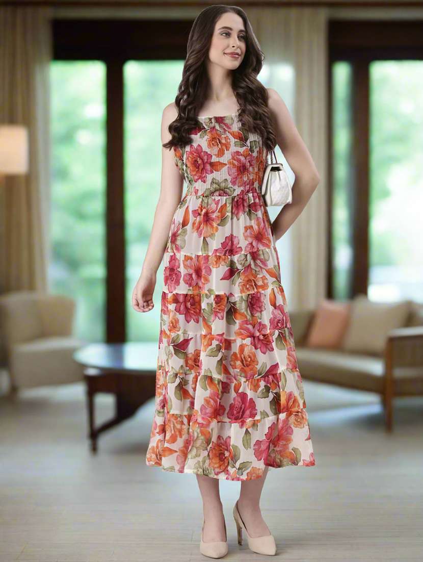 women floral print shoulder strap tiered dress