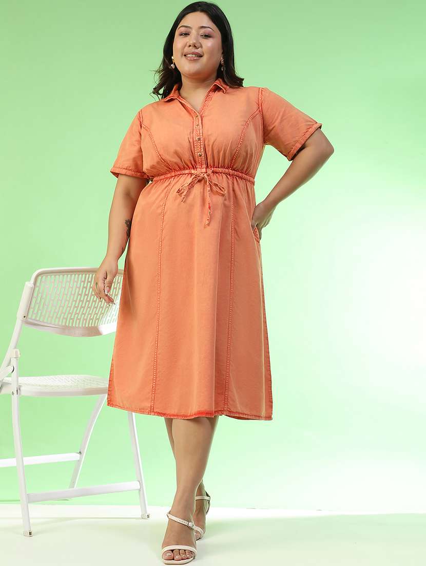 women plus size solid short sleeve collared a-line ress