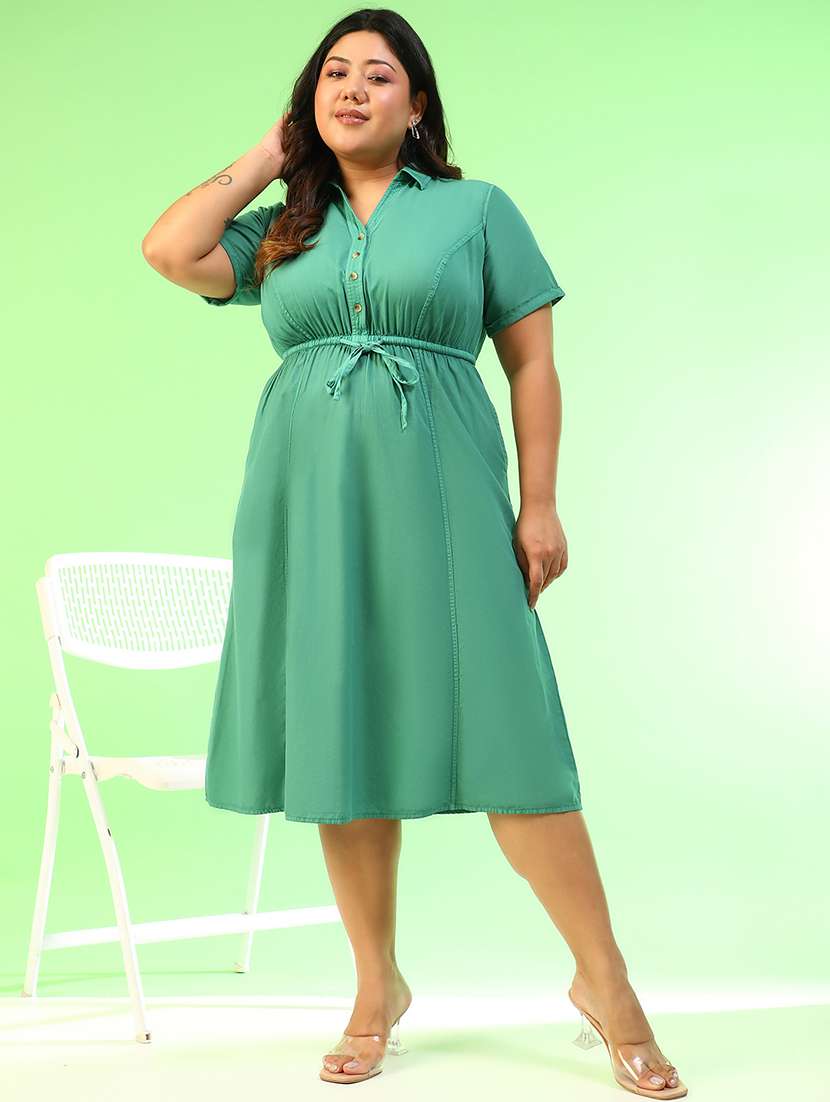 women plus size solid short sleeve collared a-line ress