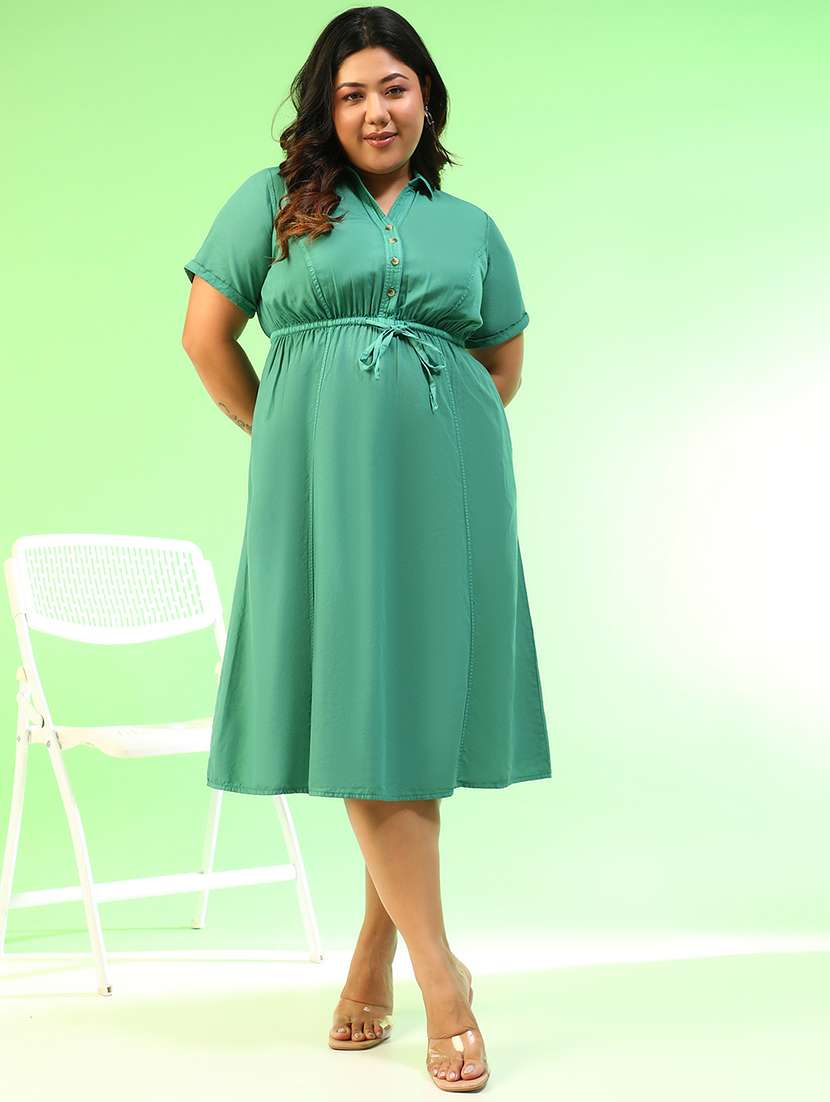 Women Plus Size Solid Short Sleeve Collared A-line Ress - 22082554 -  Standard Image - 2