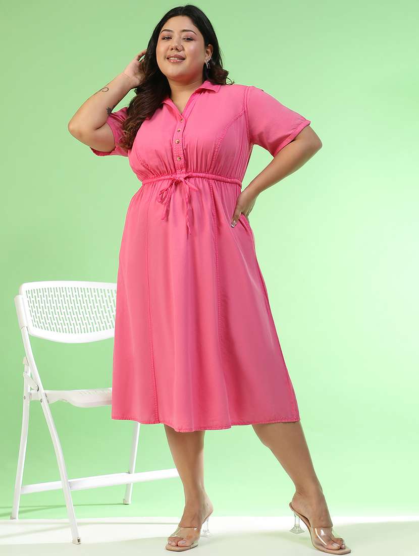 women plus size solid short sleeve collared a-line ress