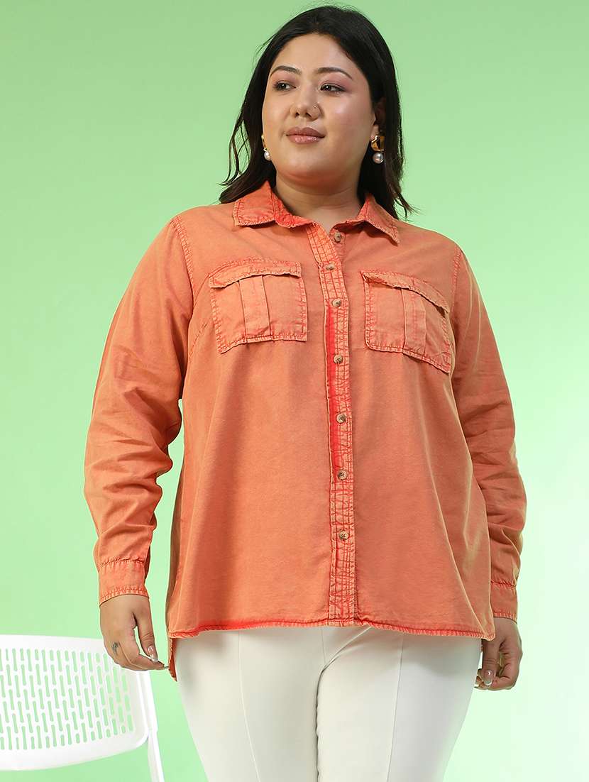 women plus size solid collared long sleeve shirt