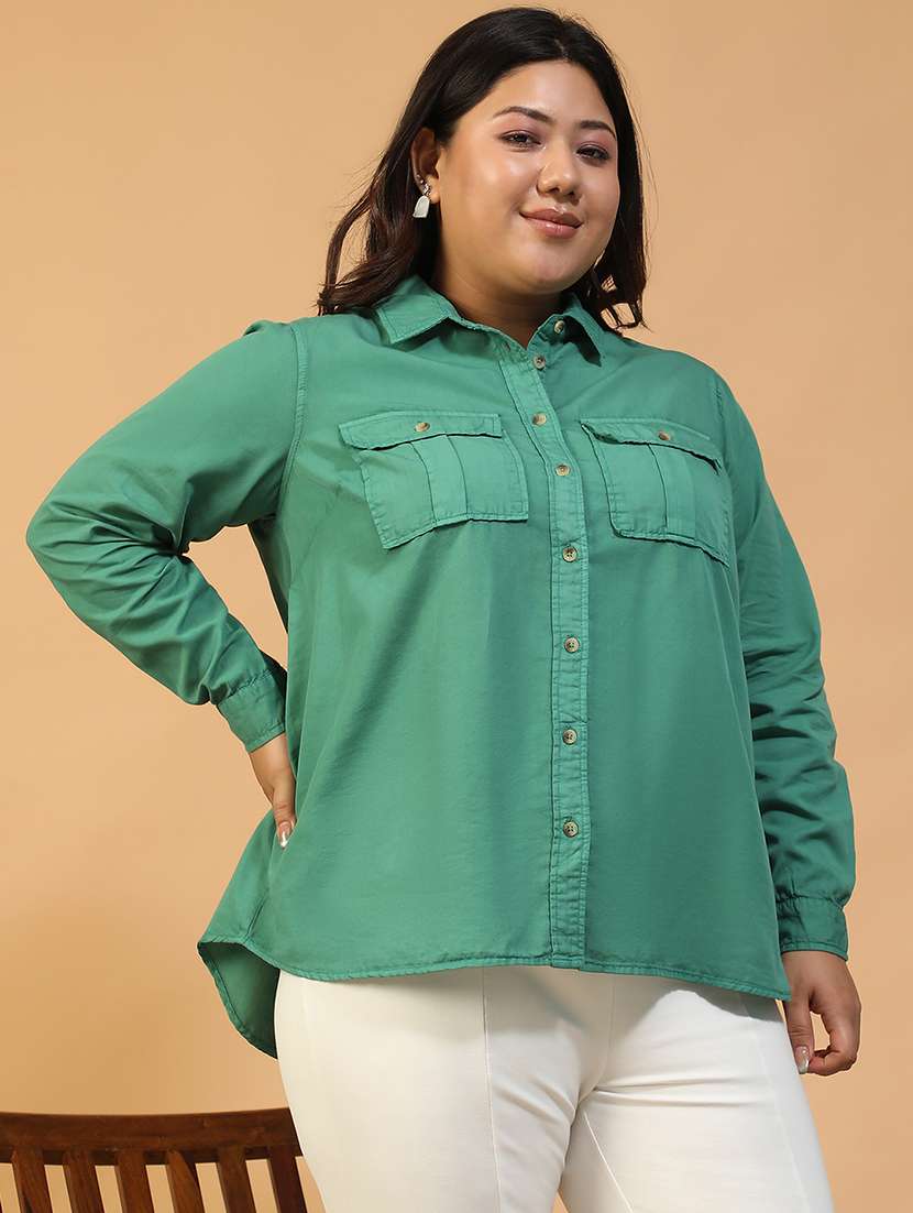 women plus size solid collared long sleeve shirt - 22082579 - Standard Image - 2