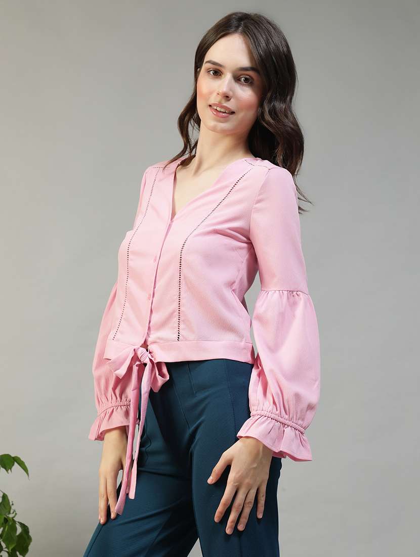 women solid puff sleeve knot detailed top - 22082589 - Standard Image - 2