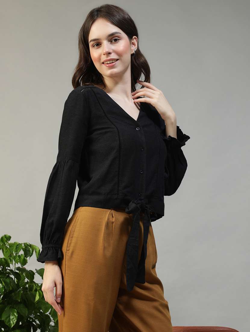 women solid puff sleeve knot detailed top - 22082591 - Standard Image - 2