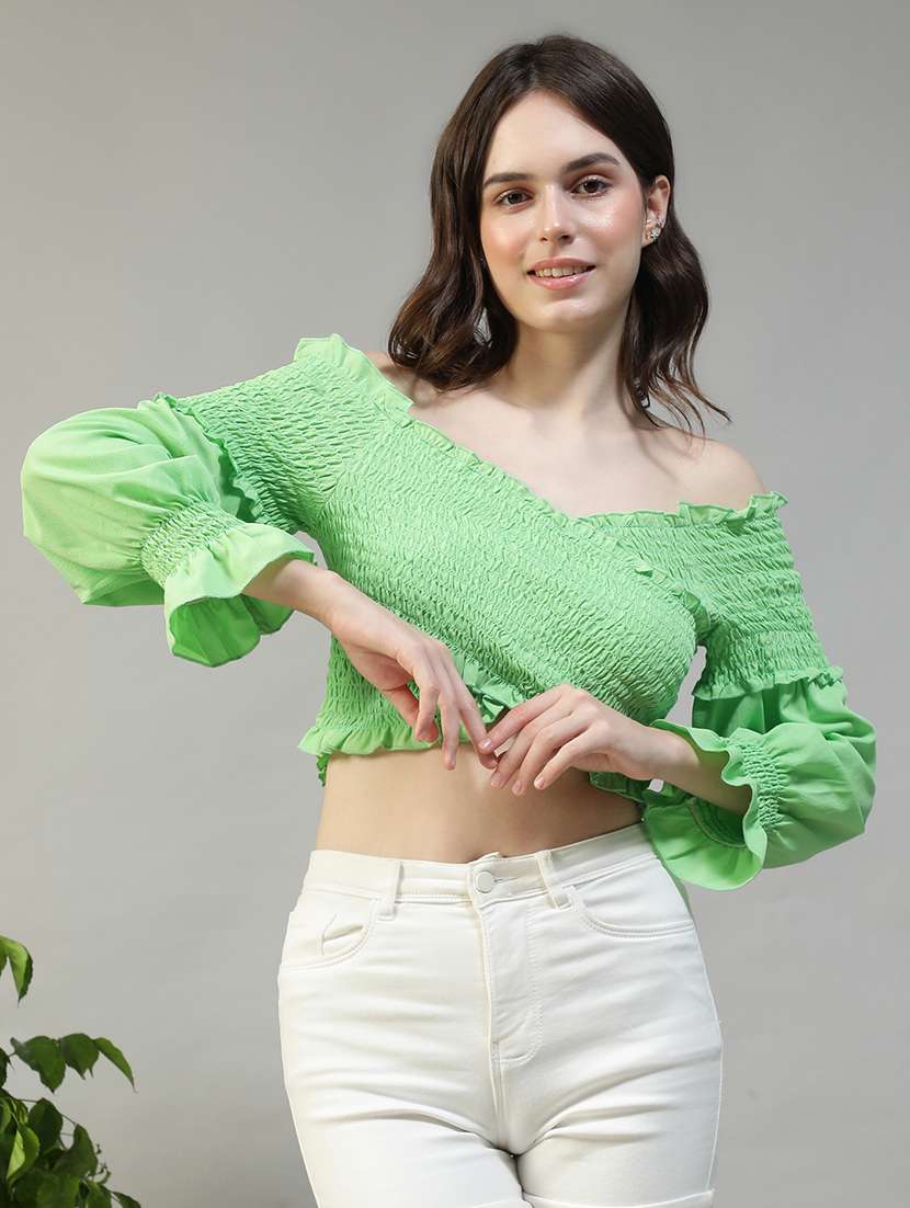 women solid off shoulder long sleeve crop top