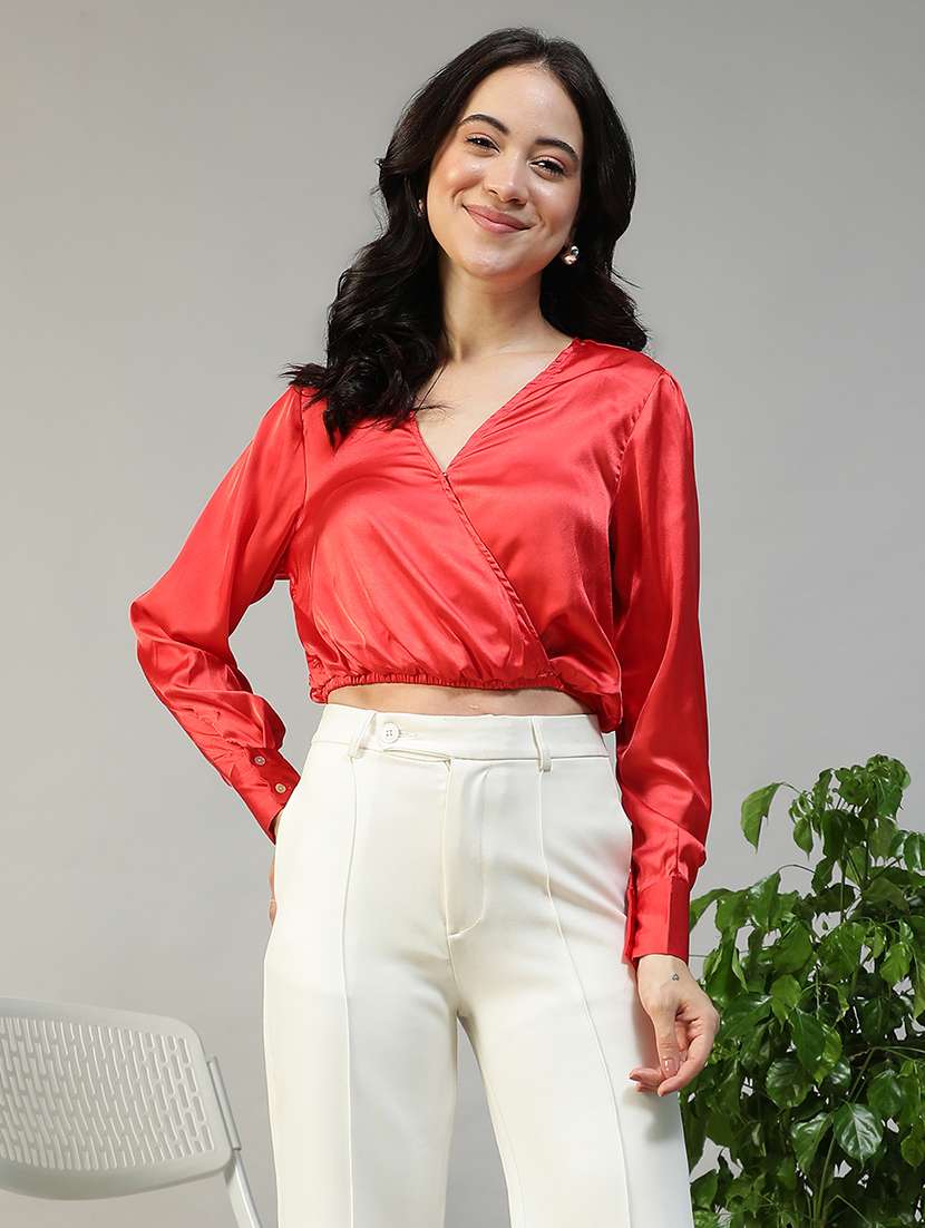 women solid long sleeve mock wrap crop top