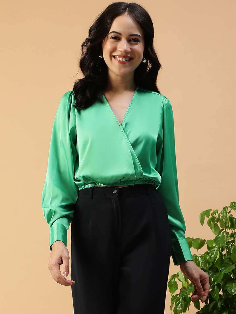 women solid long sleeve mock wrap crop top