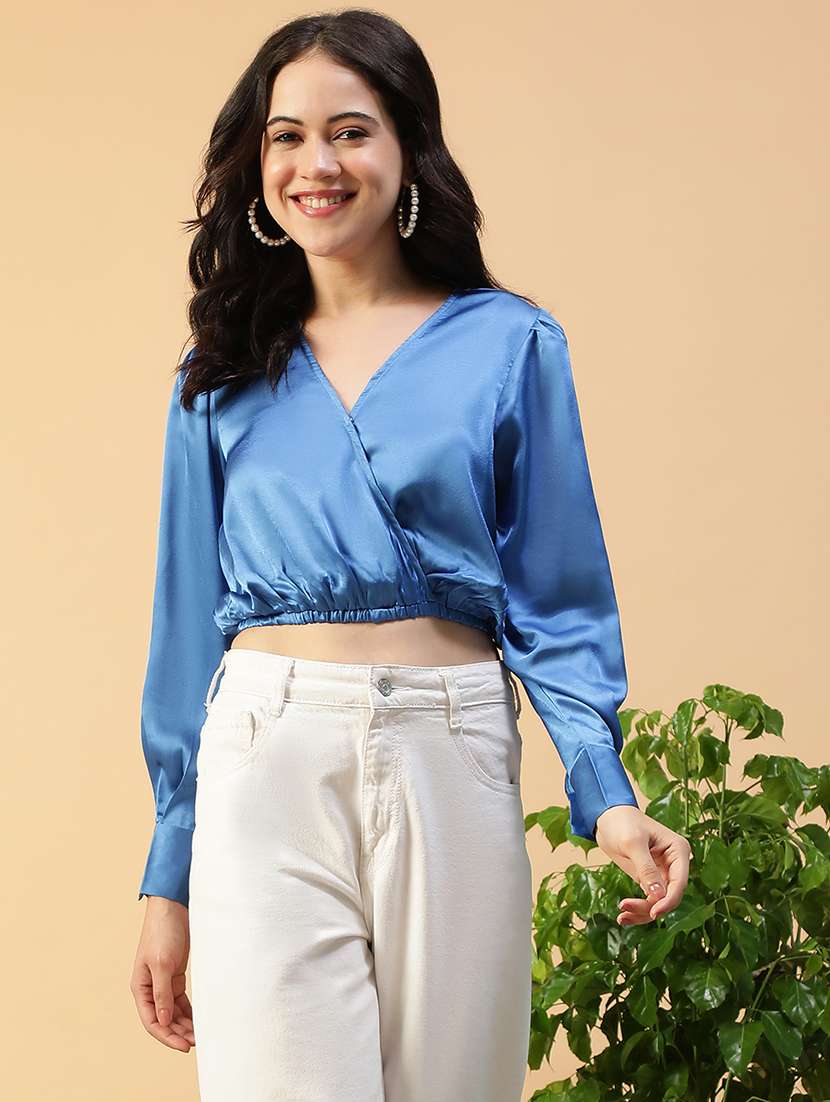 women solid long sleeve mock wrap crop top - 22082601 - Zoom Image - 0