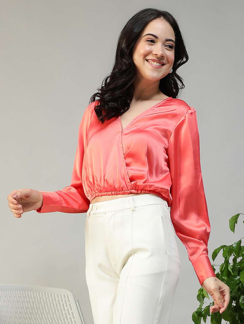 women solid long sleeve mock wrap crop top - 22082602 -  Standard Image - 2