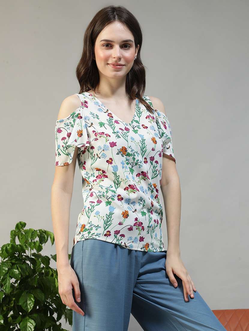 women floral print cold shoulder regular fit top - 22082604 - Standard Image - 2