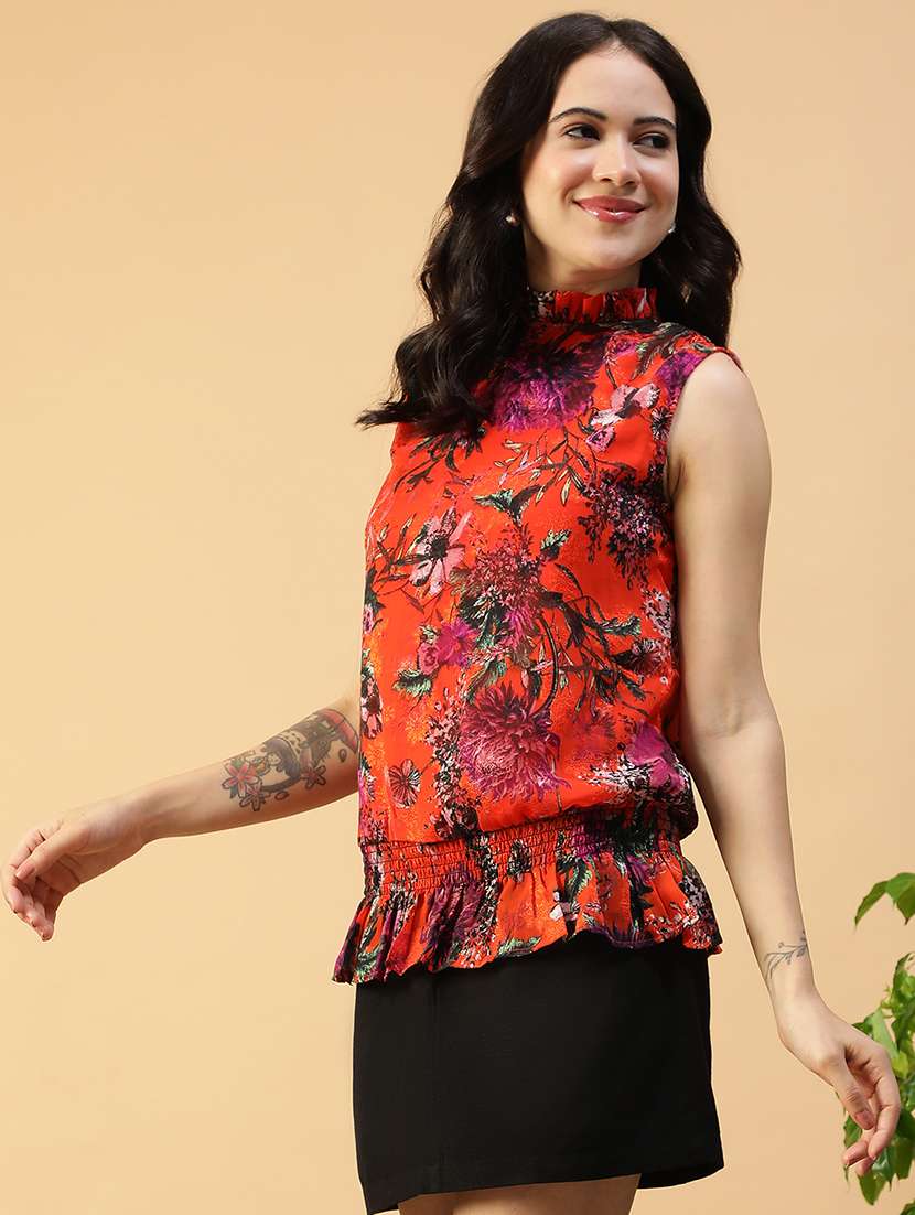 women floral print mock neck sleeve regular fit top - 22082607 - Standard Image - 2