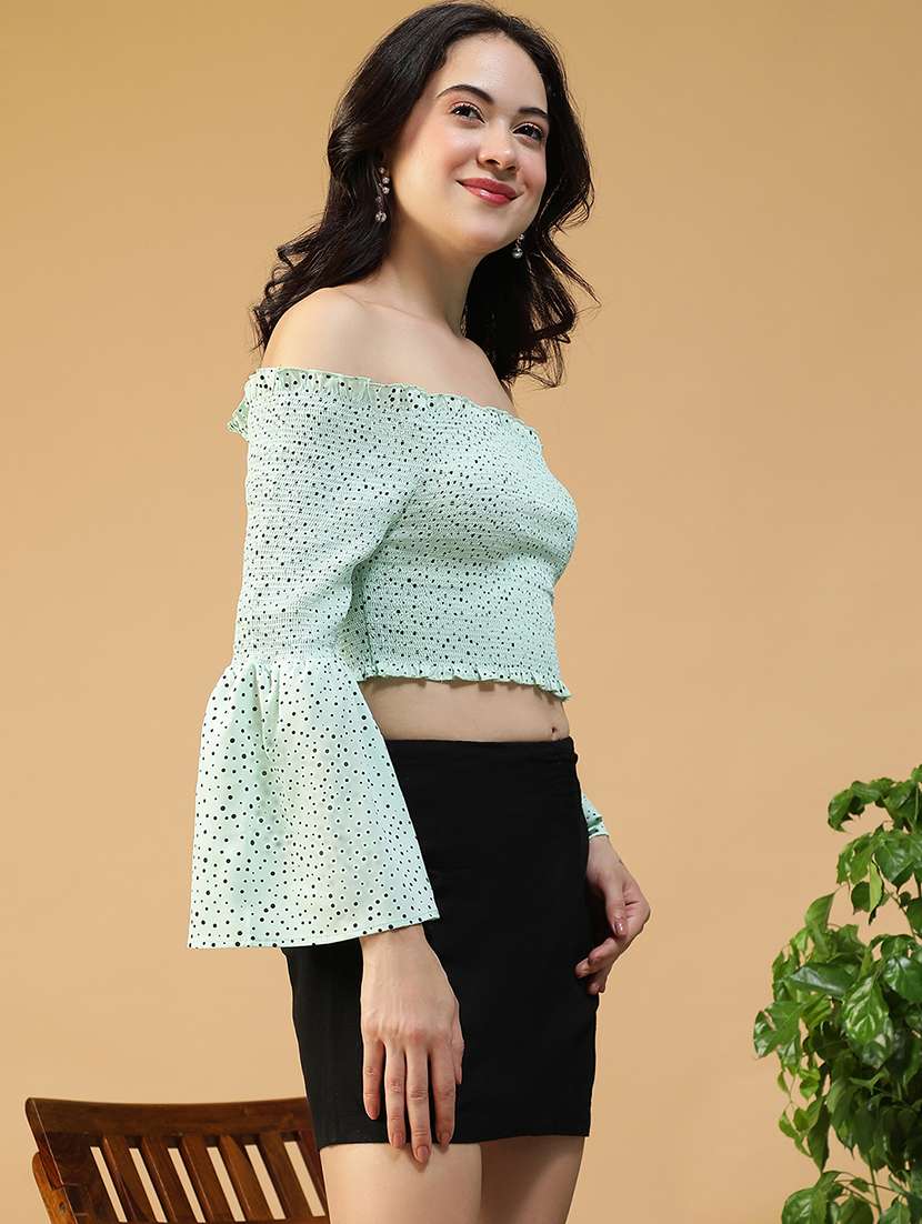 women polka doted off shoulder smocked crop top - 22082608 -  Standard Image - 2
