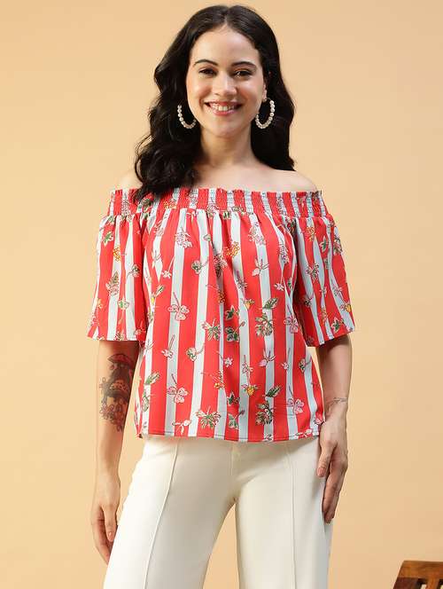 women printed off shoulder short sleeve regular top - 22082610 - Standard Image - 0