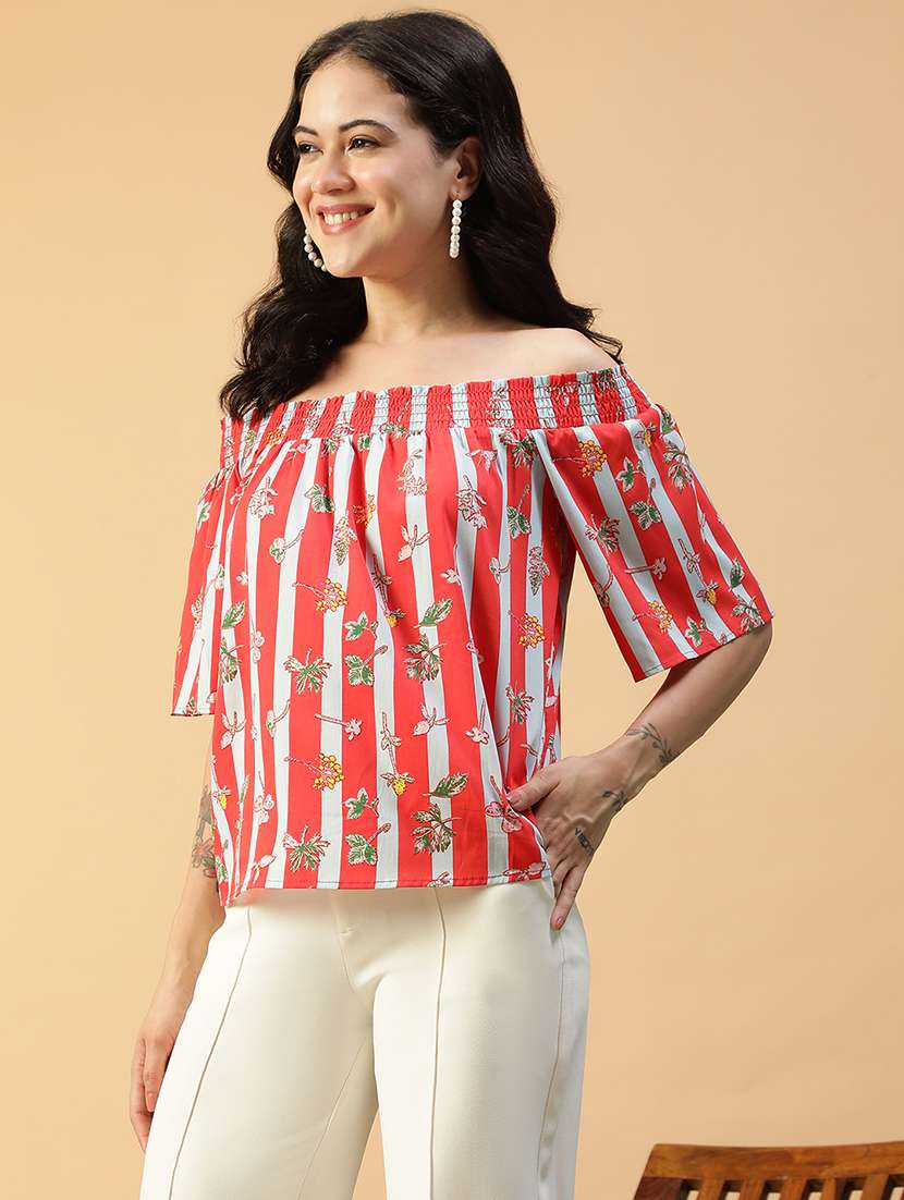 women printed off shoulder short sleeve regular top - 22082610 - Standard Image - 2