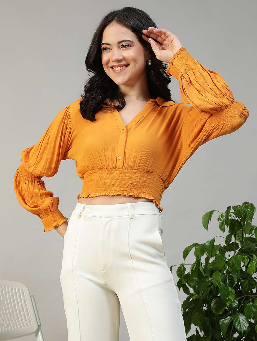 women solid puff sleeve collared crop top