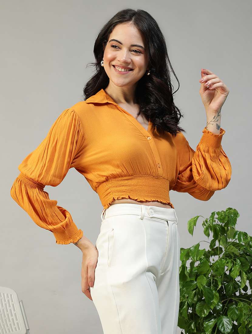 women solid puff sleeve collared crop top - 22082614 -  Standard Image - 2