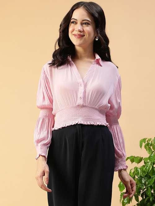 women solid puff sleeve collared smocked crop top - 22082615 -  Standard Image - 0