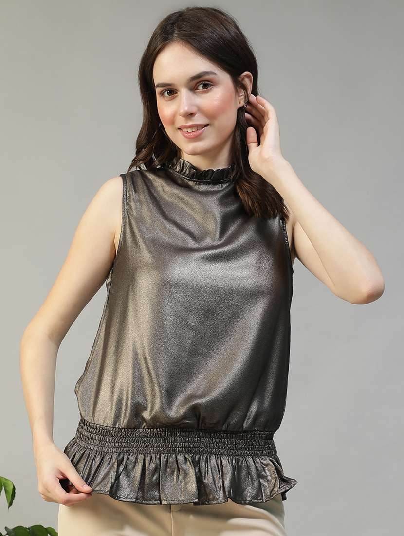 women solid sleeveless mock neck regular top