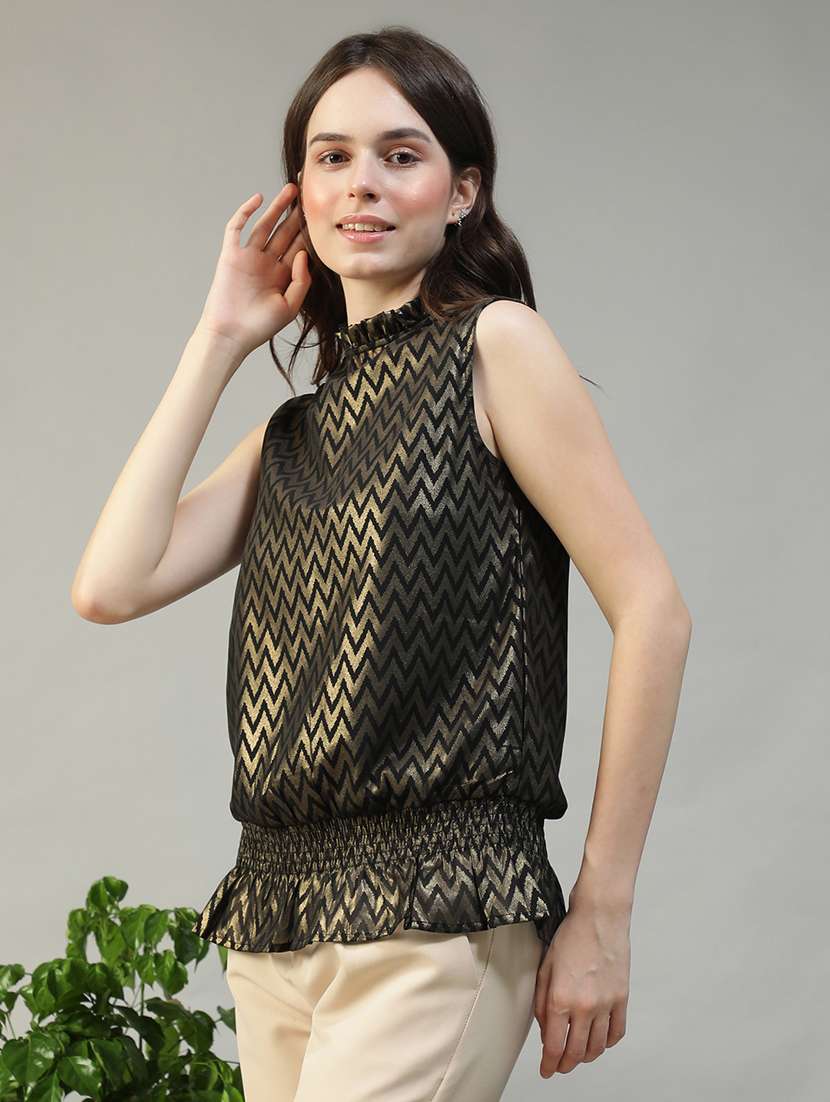 women chevron print sleeveless mock neck top - 22082619 - Standard Image - 2