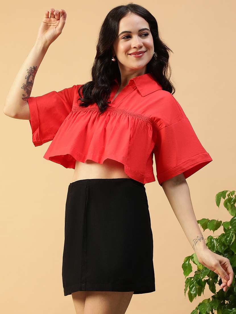women solid bell sleeve collared crop top - 22082621 - Standard Image - 2
