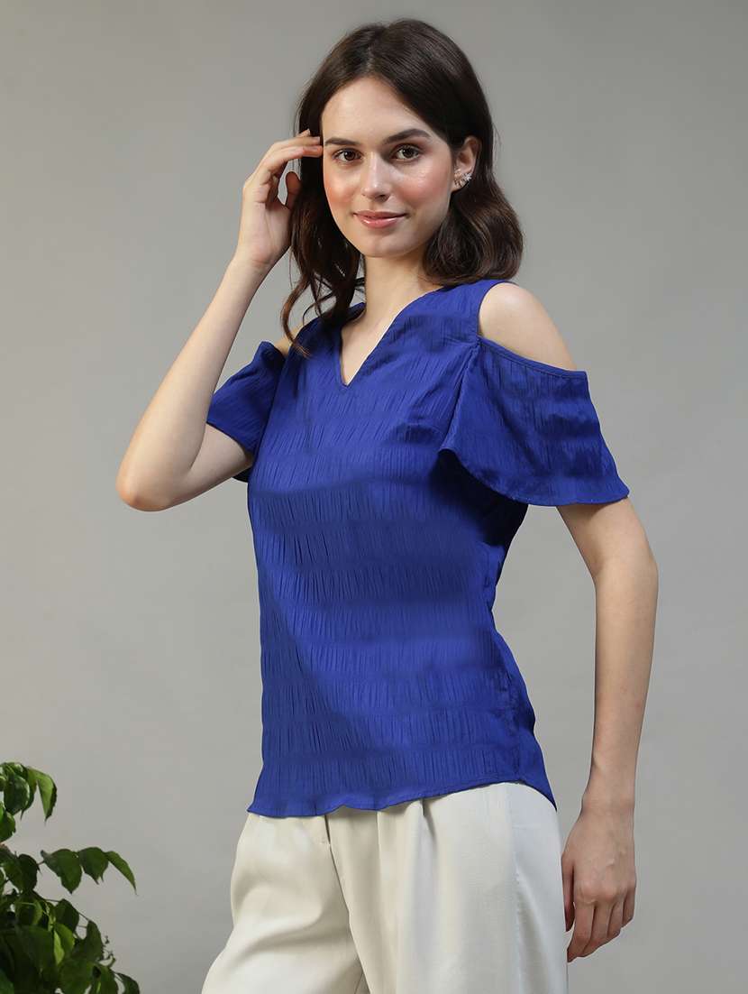 women blue solid cold shoulder regular fit top - 22082624 -  Standard Image - 2