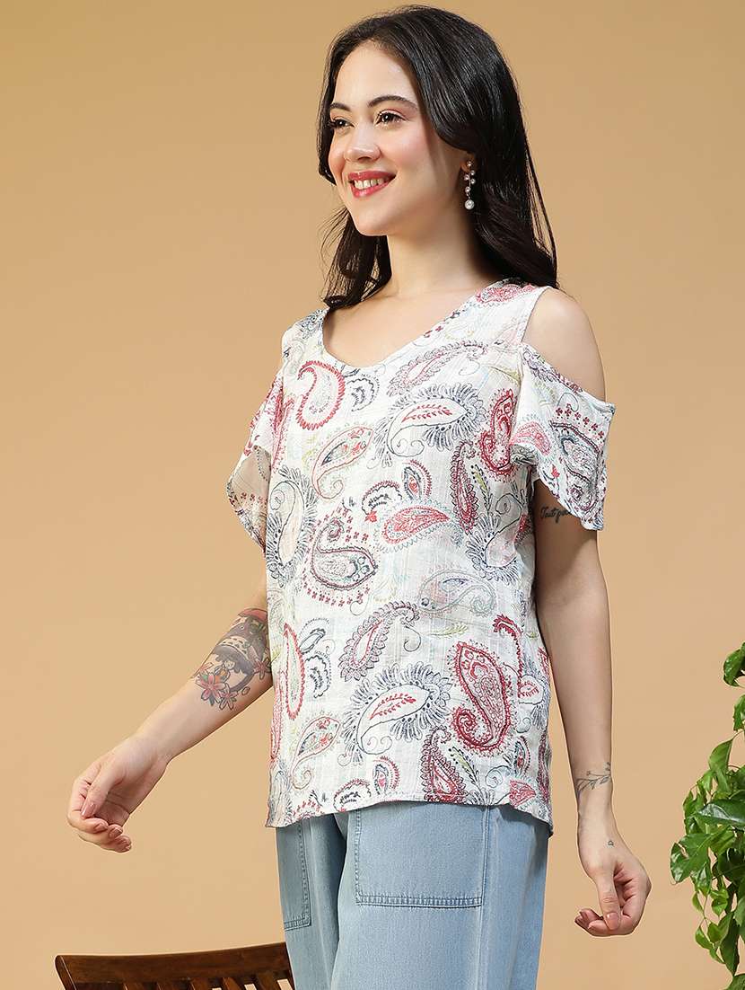 women printed cold shoulder regular fit top - 22082626 -  Standard Image - 2
