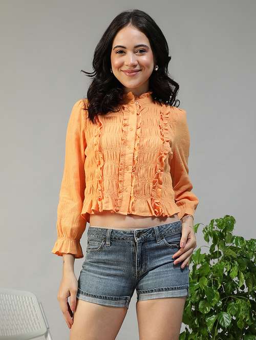 women solid long sleeve  ruffle detailed crop top - 22082631 -  Standard Image - 0