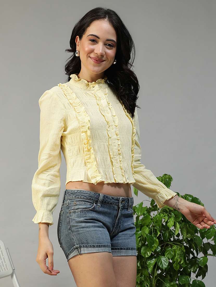 women solid long sleeve ruffle detailed crop top - 22082632 - Standard Image - 2