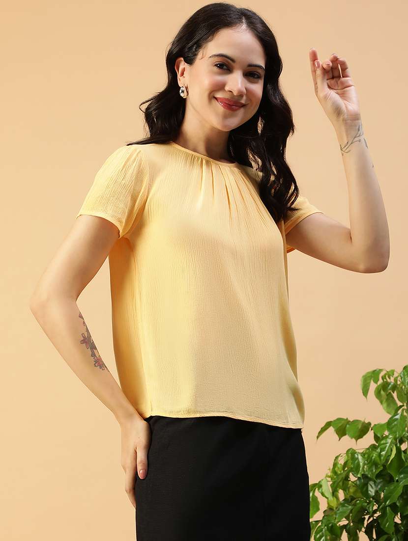 women solid round neck puff sleeve regular top - 22082634 -  Standard Image - 2