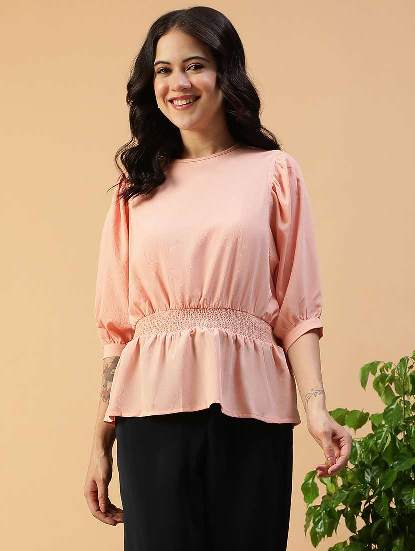women solid puff sleeve peplum top