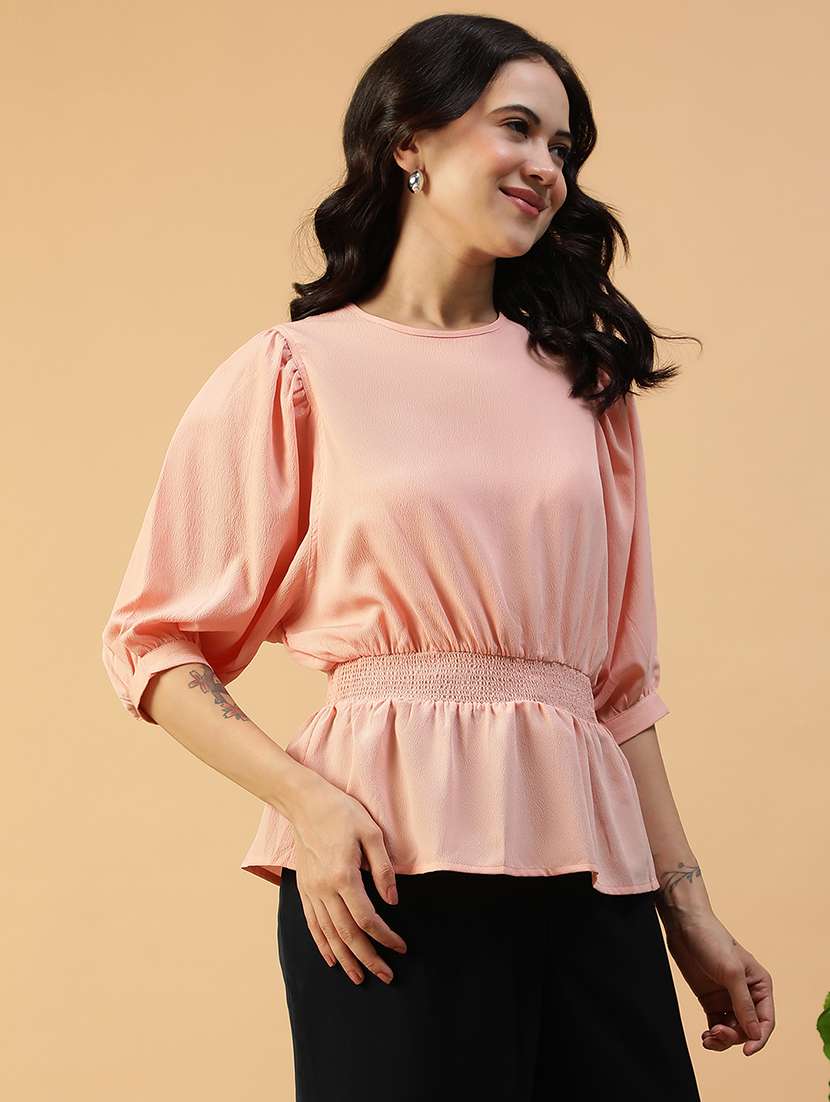 women solid puff sleeve peplum top - 22082635 -  Standard Image - 2