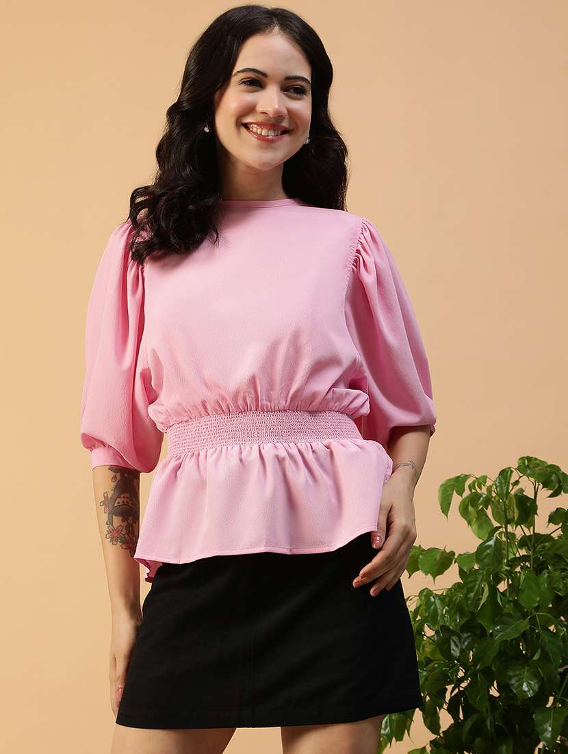 women solid puff sleeve peplum top