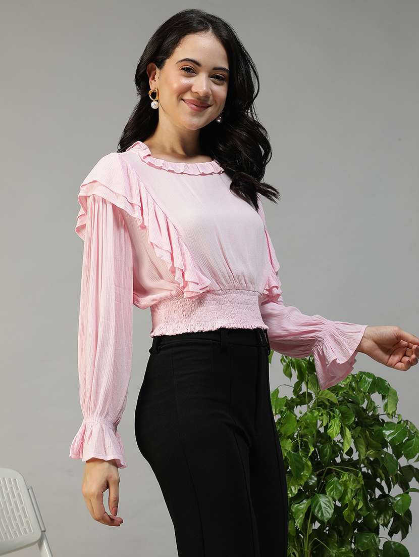 women solid long sleeve ruffle detailed crop top - 22082639 -  Standard Image - 2