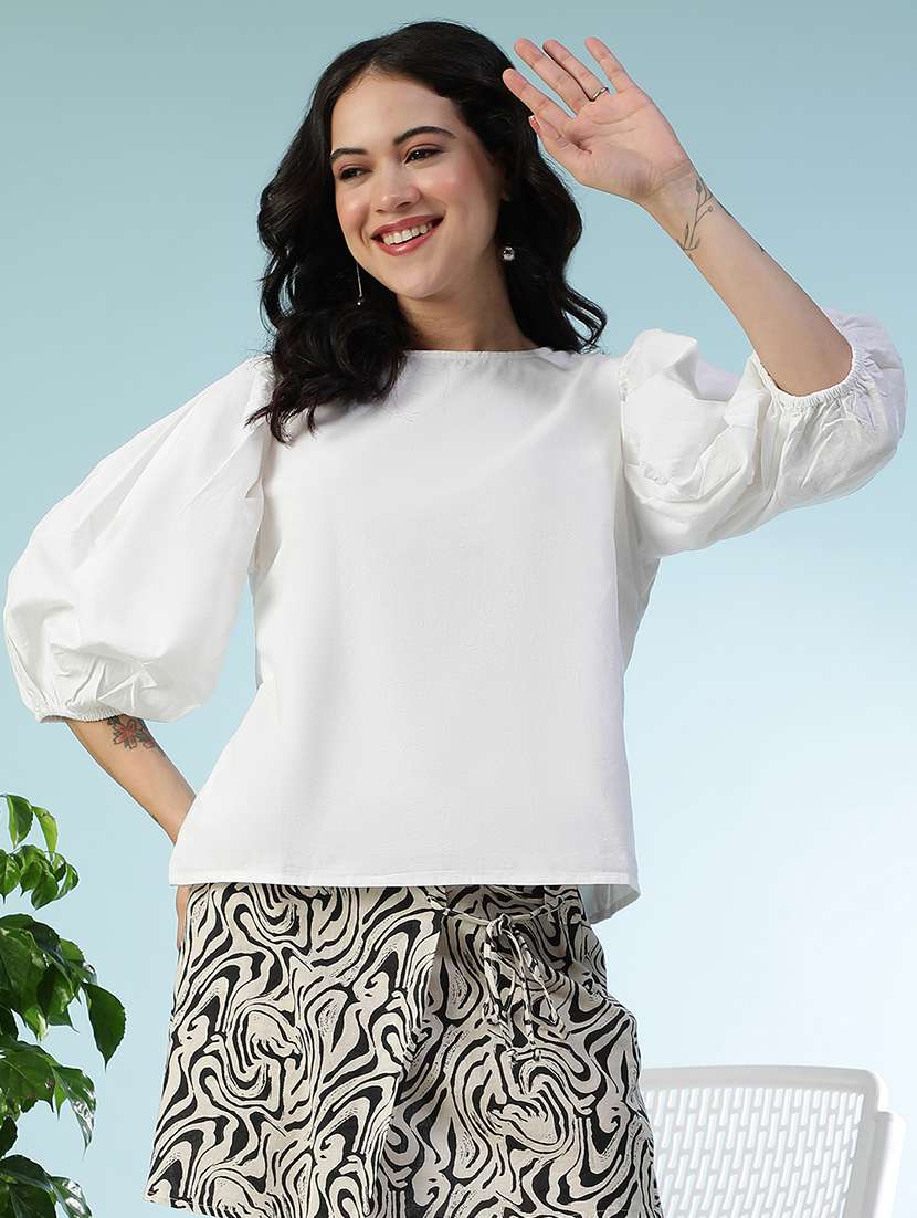women white solid puff sleeve regular fit top