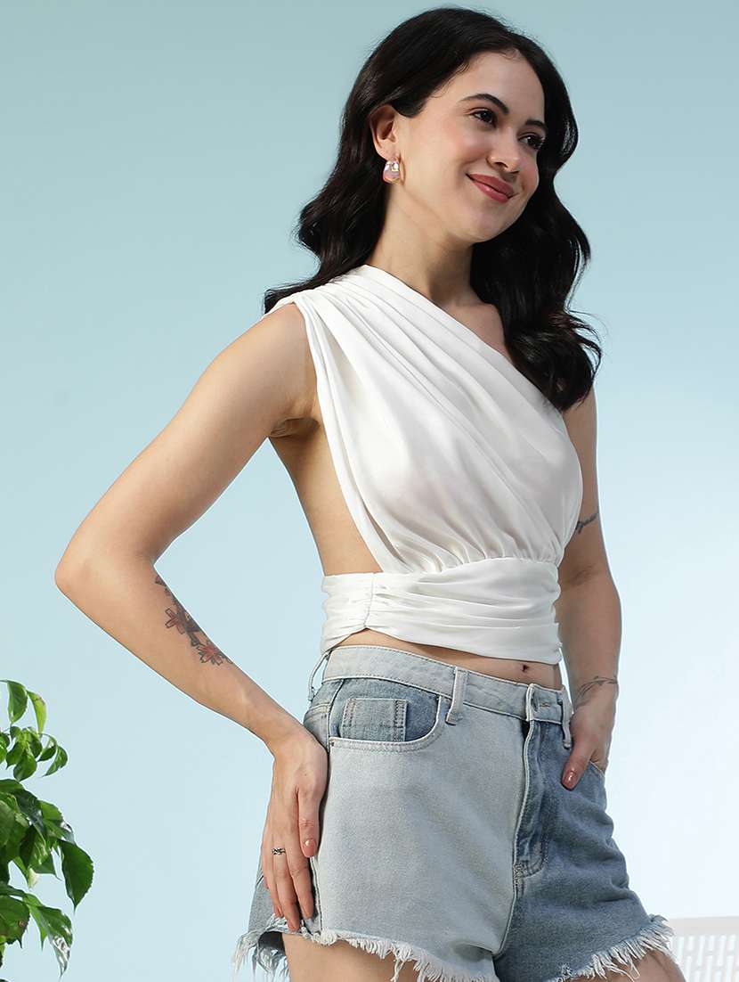 women white solid single shoulder crop top - 22082642 -  Standard Image - 2