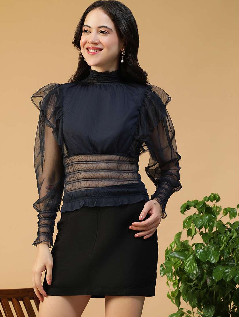 women black solid puff sleeve smocked ruffle top - 22082643 - Zoom Image - 0