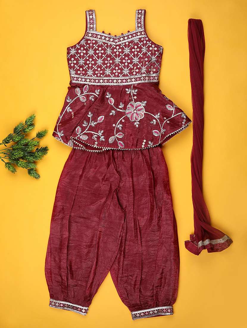 girls embroidered sleeveless kurta and salwar with dupatta