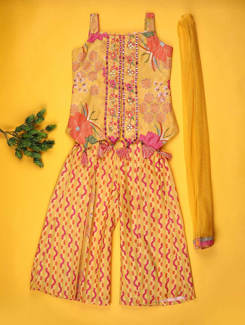 girls printed sleeveless kurta and palazzo with dupatta