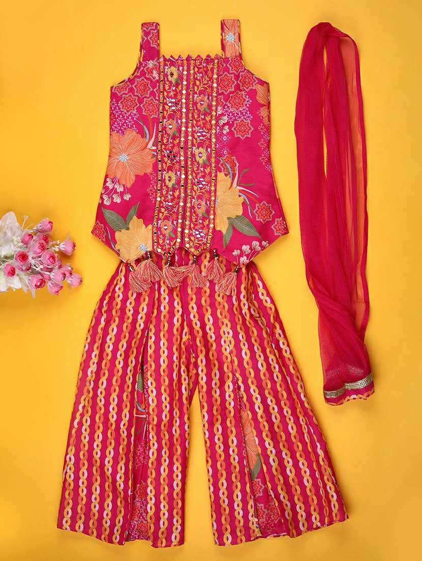 girls printed sleeveless kurta and palazzo with dupatta