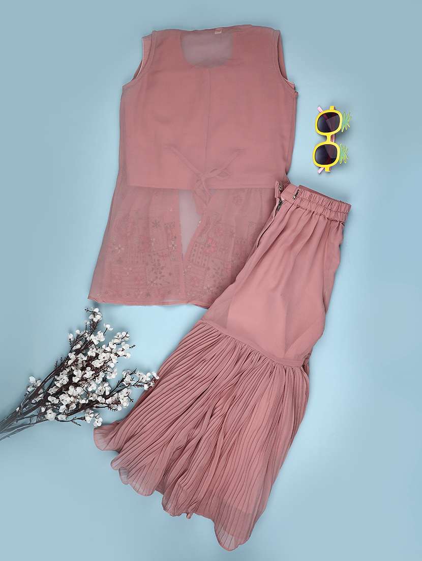 girls solid with work sleeveless kurta sharara set  - 22082956 -  Standard Image - 2