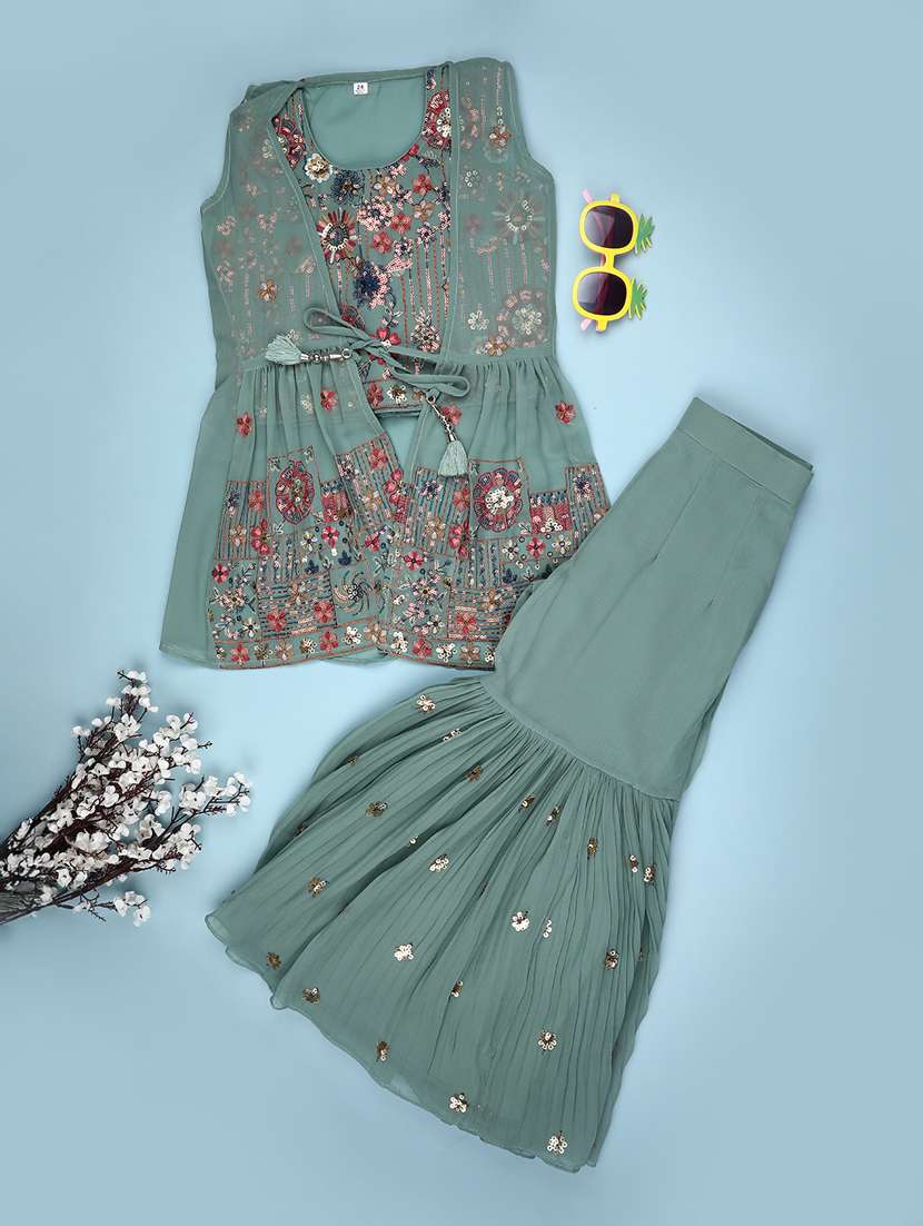 girls solid with work sleeveless kurta sharara set 