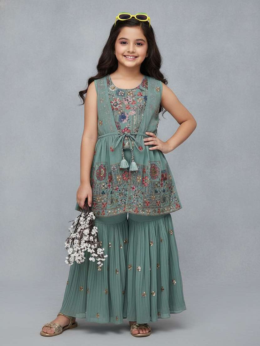 girls solid with work sleeveless kurta sharara set 