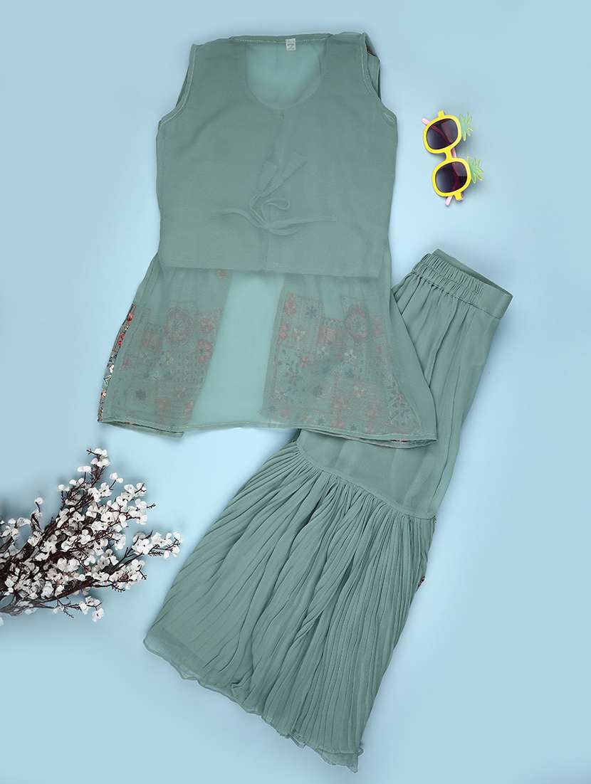 girls solid with work sleeveless kurta sharara set  - 22082957 -  Standard Image - 2